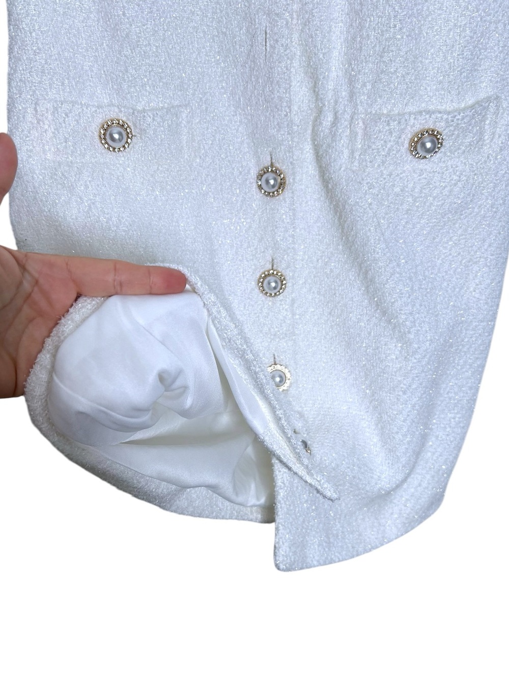 Alexia Admor Grady Ivory Boucle Tweed Rhinestone Button-Down Lace Detail Dress 6 - Picture 6 of 11